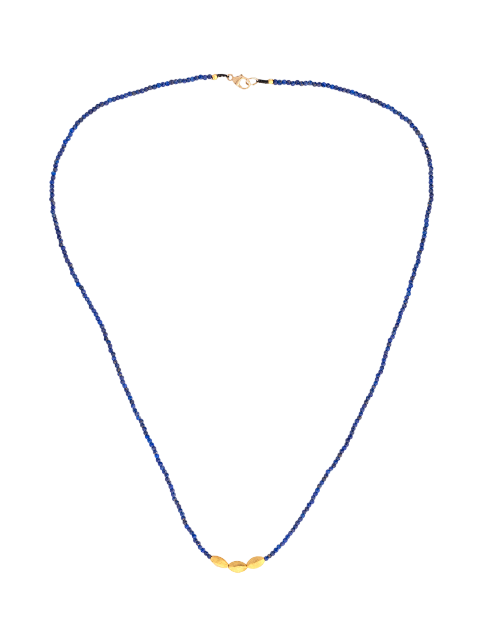 Beaded lapis necklace with 3 pod shaped 18kt beads